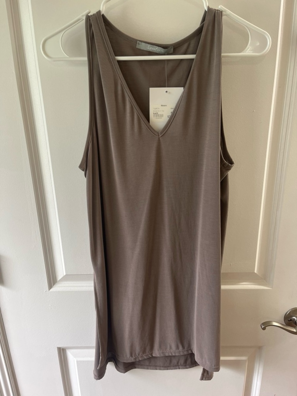 Boutique Sweet Rain Sleeveless V-Neck Tank Top in Taupe